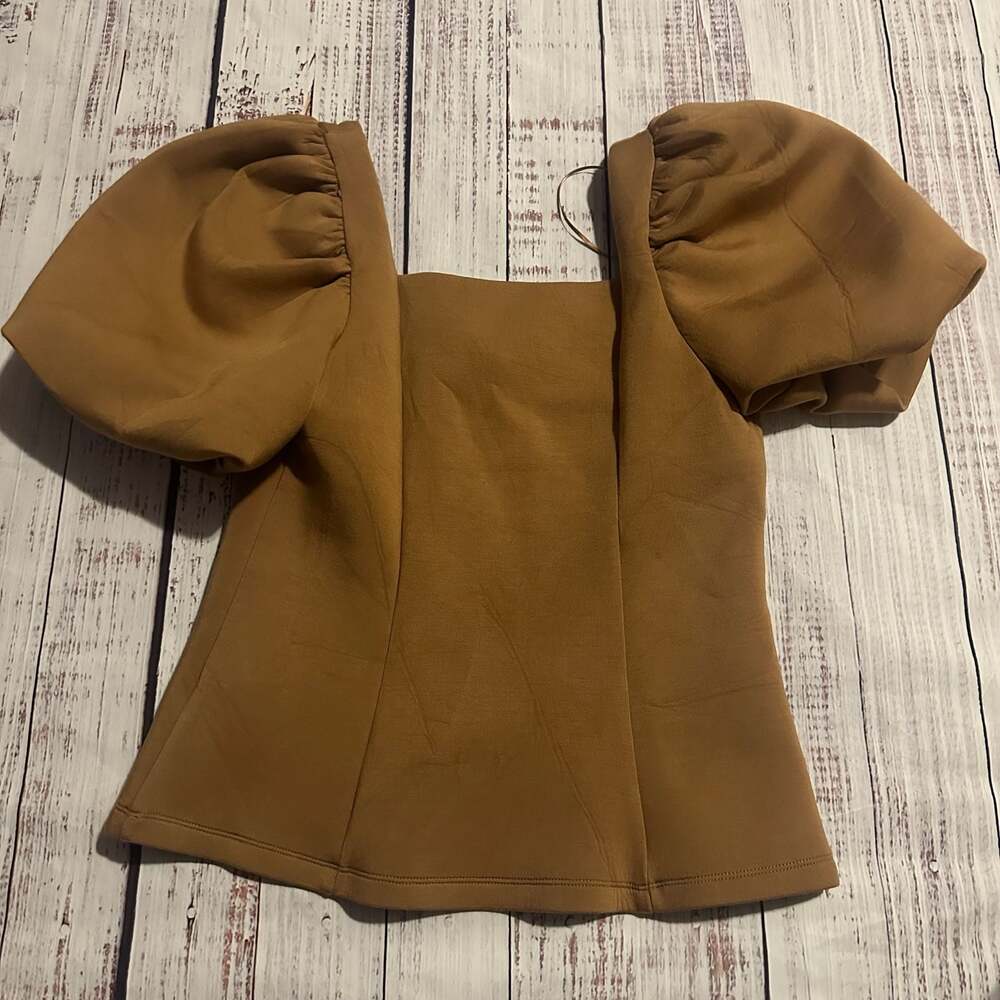 English Factory Scuba Knit Puff Sleeve Y2K v-Neck Neck Top in Tan-S